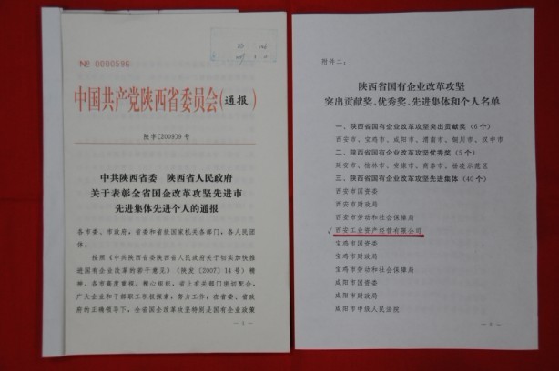 2009年2月，被陜西省委、省政府授予陜西省國有企業(yè)改革攻堅先進(jìn)集體